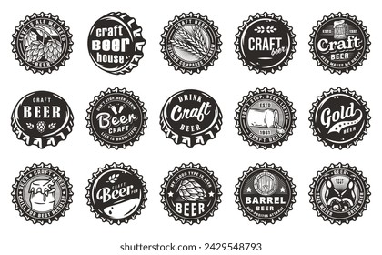 Beer Set of Retro Vintage Beer Badges and Labels for the Design of Brewed in a Craft Brewery. Collection of Premium Quality Beer and Brewery Logos for Pubs and Bars. Beer Cap or Metal Cork.