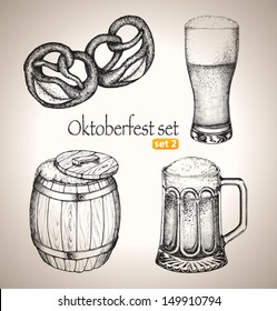 Beer set. Sketch elements for oktoberfest festival. Hand-drawn vector illustration. Set 2