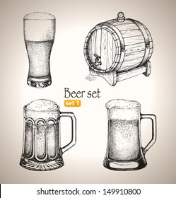 Beer set. Sketch elements for oktoberfest festival. Hand-drawn vector illustration. Set 1