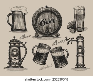 Beer set. Sketch elements for oktoberfest festival. Retro hand-drawn vector illustration