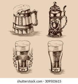 Beer set. Sketch elements for oktoberfest festival. Retro hand drawn vector illustration