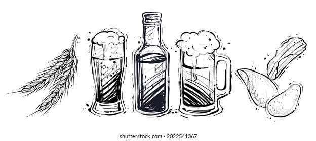 Beer set, sketchy hand drawn monochrome vector