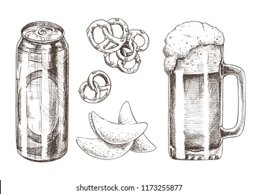 Beer set and snack collection vector illustration, drawing by pencil can and goblet with foam, chips and baked pretzels isolated on white backdrop