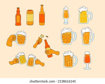 Beer set stickers. A collection of beer glasses, bottles, mugs, hands and opener. Useful for brewery, festival, bar, pub advertising or menu. Vector illustration.