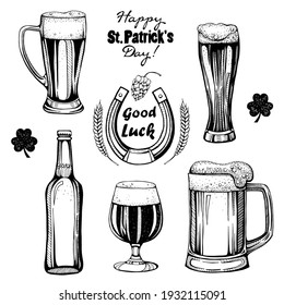 Beer set, St.Patrick 's Day. Black and white set with a picture of glasses with beer.  Black and white drawing, March 17.