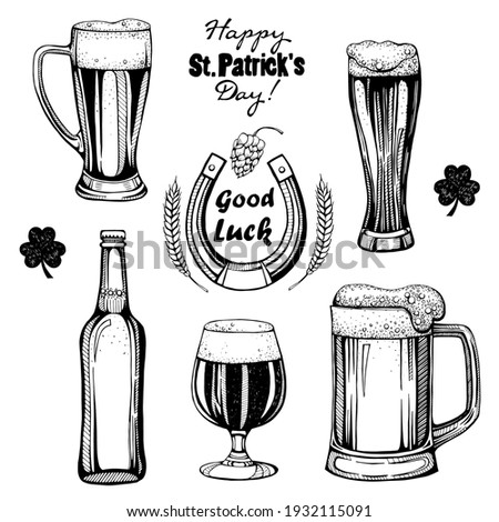 Beer set, St.Patrick 's Day. Black and white set with a picture of glasses with beer.  Black and white drawing, March 17.