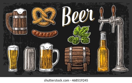 Beer set with tap, class, can, bottle, barrel, sausage, pretzel, hop. Vintage vector engraving illustration for invitation party oktoberfest festival, poster. Hand drawn  isolated on dark background