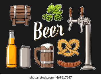 Beer set with tap, class, can, bottle, barrel, sausage, pretzel and hop. Vintage vector flat illustration for web, poster, invitation to party oktoberfest festival. Isolated on black background