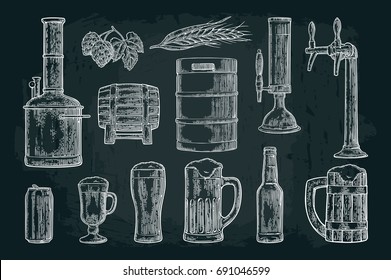 Beer set with tap, glass, can, bottle, hop branch with leaf, ear of barley, wooden barrel and tanks from brewery factory. Vintage white vector engraving illustration. Isolated on dark background.