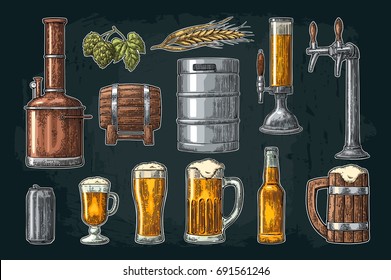 Beer set with tap, glass, can, bottle, hop branch with leaf, ear of barley, wooden barrel and tanks from brewery factory. Vintage vector color engraving illustration. Isolated on dark background.