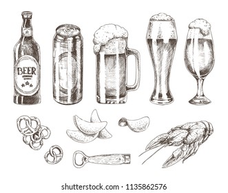 Beer set and various snack vector illustration isolated on white pencil image of bottles and glasses with fluffy foam, chips and pretzel with crayfish