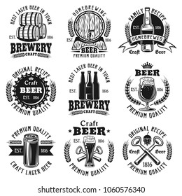 Beer set of vector black emblems, badges, labels or logos isolated on white