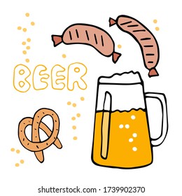 Beer set. Vector hand drawn doodle beer mug, Bavarian sausage, pretzel. Oktoberfest beer festival. For poster, card design, menu, banner, logo