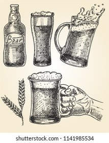 Beer set. Vector illustration of glasses and mug, hops, malt and bottle. Isolated on white background. Oktoberfest.
