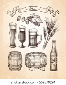 Beer set. Vector illustration of glasses and mug, hops, malt, barrels and bottle. Old paper background.