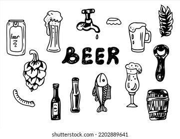 Beer set. Vector illustration hand-drawn. Beer mug, glass, jar, bottle, barrel, bottle opener, dried fish, template bottle, sketch, logos.