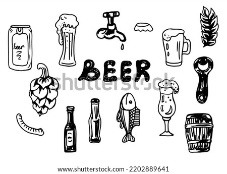 Beer set. Vector illustration hand-drawn. Beer mug, glass, jar, bottle, barrel, bottle opener, dried fish, template bottle, sketch, logos.