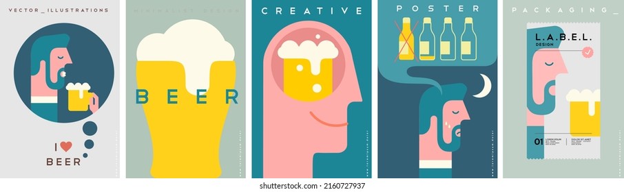 Beer. Set of vector illustrations. Simple, modern style. Background for label. cover, poster, animation.