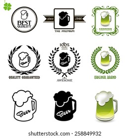 Beer set of vintage labels, icons and logos with glasses of beer.   Set of black, white and green silhouette circular laurel foliate and wheat wreaths depicting. 