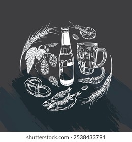 Cerveza engastada en tiza blanca sobre negro. Botella, taza, lúpulo, camarón, pescado, espigas de maíz, pretzel. Ilustración vectorial. Gráfico. Diseño de menús, Anuncios, carteles.