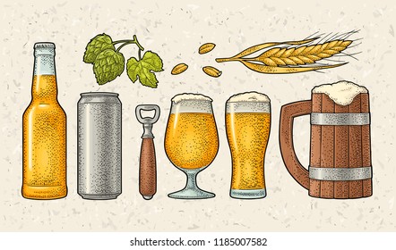 Beer set with wood mug, glass, metal can, bottle, hop herb plants with leaf, ear of wheat. Vintage color vector engraving illustration isolated on spotted background. For labels, packaging and poster