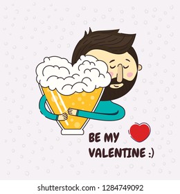 Cerveza en forma de corazón. Un hombre abraza la cerveza apasionadamente. Frase Sé mi valentina. Me encanta la cerveza. Elemento de diseño del logotipo del icono de cerveza de amor.