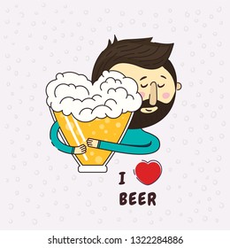 Beer in the shape of a heart. A man passionately lovingly embraces beer. Phrase I love beer. Icon logo design element. True love. Beer lover. Hugging.