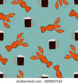 Bier mit Muschelsnacks. Handgezeichnete Illustration im Cartoon-Stil. Nahtloses Muster mit Hummer und Bier. Glasbecher. Getränk mit Schaumstoff.