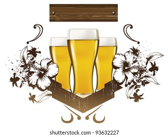 beer shield with wood banner and flowers