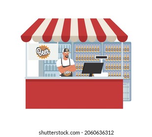 Beer shop, brewery, flat vector illustration. Craft beer bottles on shelves of display case. Salesman standing at counter. Supermarket, grocery store beer section. Retail shop small business.