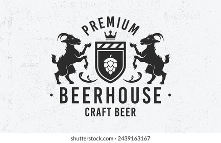 Logo von Beer Shop. Beerhouse Vintage-Logo. Bier Store Logo mit heraldischen Ziegen und Kornstruktur. Logo, Poster für Pub, Restaurant, Bierläden, Verpackungsdesign. Vektorgrafik