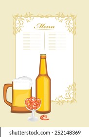 Beer with shrimps. Menu template. Vector