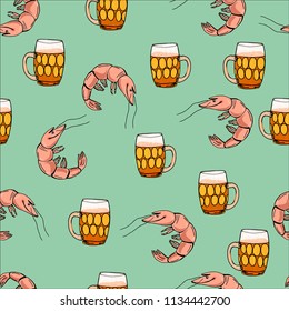 Beer with shrimps pattern. Cartoon vector background. 