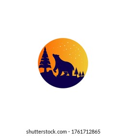 Beer silhouette in circle illustration with sunset and pine trees