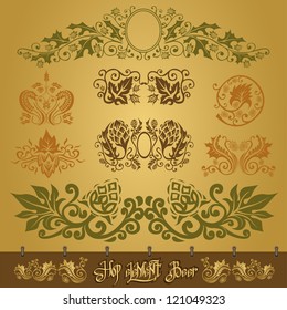 beer silhouette element or label with hop and grain pattern