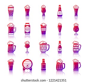 Beer silhouette icons set with reflection. Color sign tall glass kit. Mug vector pictogram collection like bottle, can, barrel, pint pub. Gradient contour simple alcohol drink icon isolated on white