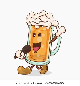 beer singing karaoke mascot. beer glass with kawaii cute face mascot vector illustration