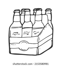 Beer six pack in box.Doodle style. Vector sketch of beer