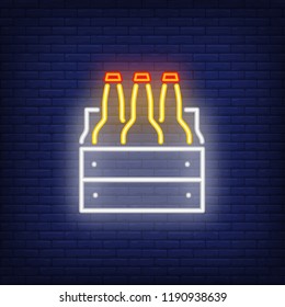 Beer six pack neon sign. Luminous signboard with alcohol. Night bright advertisement. Vector illustration in neon style for Oktoberfest festival, store commercial, brewery  