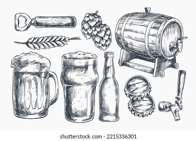 Beer sketch hand drawn set. Vector illustration of glasses and mug, hops, malt, barrels and bottle. Isolated on white background.