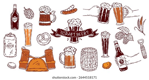Beer sketch icon set. Vector collection of hand-drawn line art featuring beer bottles, mugs, hands holding mugs, a beer barrel, malt, and wheat. Perfect for menu design, packaging, and print projects