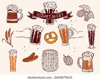 Conjunto de ícone de esboço de cerveja. Arte de linha desenhada à mão com canecas de cerveja, mãos segurando canecas, um barril de cerveja, malte e trigo. Ideal para marca de cerveja artesanal, menus e embalagem