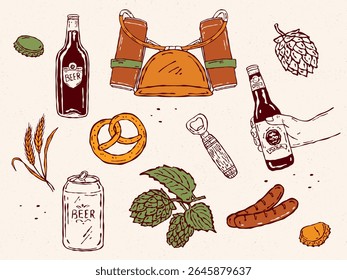 Beer sketch icon set. Vector hand-drawn line art featuring beer cans, beer bottles, and hands holding bottles, malt, and wheat. Ideal for craft beer branding, menus, and packaging