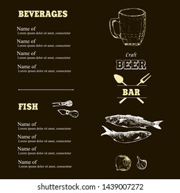 Beer sketch vector elements in black chalk board or menu. Drawing hand drawn items, beer bottle and mug, sardines onion, garlic and beerhouse logo.