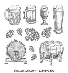 Beer sketch vector illustration. Glasses, mugs, hops, barrel hand drawn isolated elements for pub and bar design.