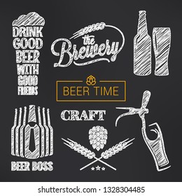 Beer sketch vector set. Beer glass and bottle hand drawn vector on black background