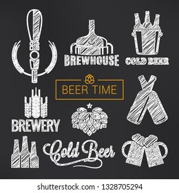Beer sketch vector set. Beer glass and bottle hand drawn vector on black background