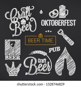 Beer sketch vector set. Beer glass and bottle hand drawn vector on black background