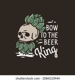 Beer skull with hop hat and hop beard for print. Original brew design with skeleton for craft beer bar, pab or brewery