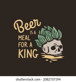 Beer skull with hop hat for print. Original brew design with hop and skeleton for craft beer bar, pab or brewery